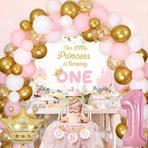 Little Princess 1st Birthday Decorations for Girls, Pink White and Gold Balloon Arch Kit, Pink 1 Balloon for First Birthday, Gold Crown Foil Balloon, Our Little Princess Is Turning One Backdrop