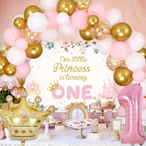 Little Princess 1st Birthday Decorations for Girls, Pink White and Gold Balloon Arch Kit, Pink 1 Balloon for First Birthday, Gold Crown Foil Balloon, Our Little Princess Is Turning One Backdrop