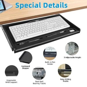 TOOCUST Under Desk Keyboard Tray, 20.3" Wx10.5 D Sturdy Key Board Tray Under Desk Slide with Pen Tray, Desk Extender with Pen Holder,Black