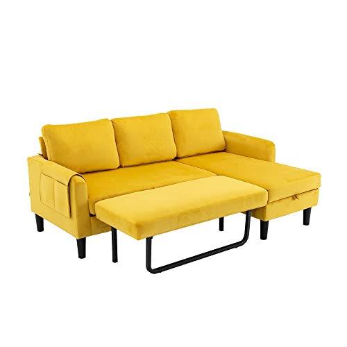 Eafurn Sectional Pull Out Bed, PU Leather Upholstered 3 Seats Sleeper Reversible Chaise Lounge w/Storage, Modern Design 72" L-Shaped Corner Sofa & Couches for Living Room, Mustard