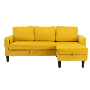 Eafurn Sectional Pull Out Bed, PU Leather Upholstered 3 Seats Sleeper Reversible Chaise Lounge w/Storage, Modern Design 72" L-Shaped Corner Sofa & Couches for Living Room, Mustard