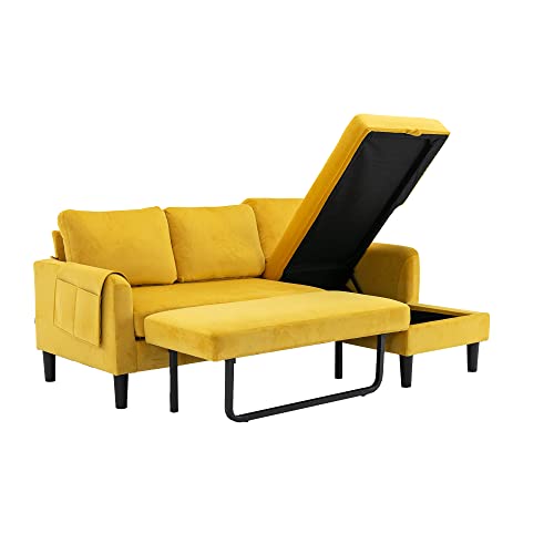 Eafurn Sectional Pull Out Bed, PU Leather Upholstered 3 Seats Sleeper Reversible Chaise Lounge w/Storage, Modern Design 72" L-Shaped Corner Sofa & Couches for Living Room, Mustard