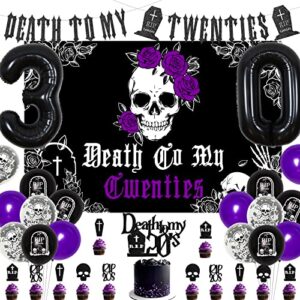 death to my 20s dirty 30 birthday decorations, rip to my 20s birthday decorations, black and purple balloons, number 30 balloon, death to my 20s banner cake topper backdrop, cupcake toppers