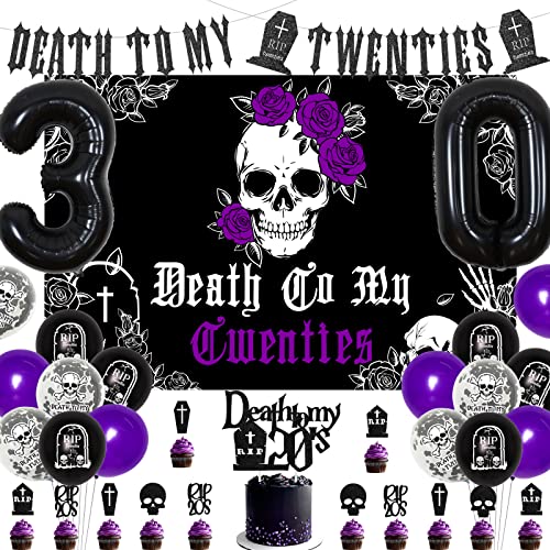 Death to My 20s Dirty 30 Birthday Decorations, Rip to My 20s Birthday Decorations, Black and Purple Balloons, Number 30 Balloon, Death to My 20s Banner Cake Topper Backdrop, Cupcake Toppers