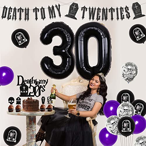 Death to My 20s Dirty 30 Birthday Decorations, Rip to My 20s Birthday Decorations, Black and Purple Balloons, Number 30 Balloon, Death to My 20s Banner Cake Topper Backdrop, Cupcake Toppers