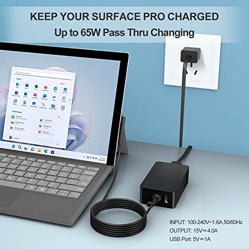 65W Surface Pro Charger-Surface Pro Laptop Charger for Microsoft Surface Book 3, 2, 1,Surface Pro 9, 8, 7+, 7, 6, 5, 4, 3, X,Surface Go Tablet Power Supply Adapter