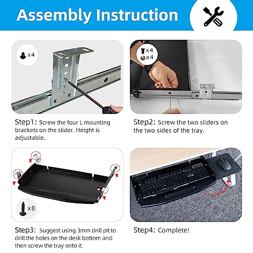 28"Wx10"D Under Desk Mounted Keyboard Tray with Mouse Platform Steel Keyboard Tray Under Desk Slide with Rotational Mouse Platform, Black Keyboard Drawer Desk Extender