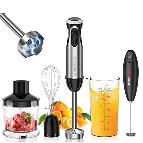 4-In-1 Hand Blender with Egg Whisk, 24oz Beaker & 17oz Chopper Bowl for Smoothies, Puree, Baby Food and Milk Frother Handheld for Coffee-Bundle