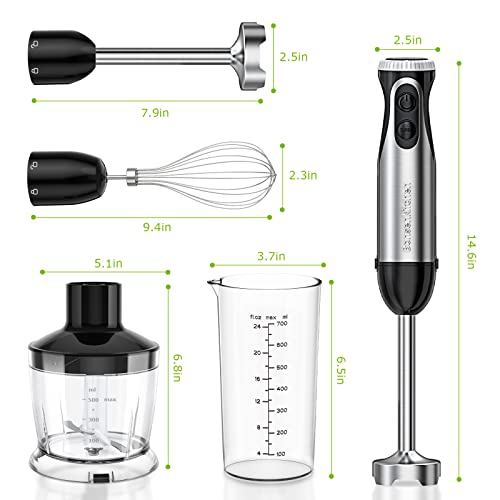 4-In-1 Hand Blender with Egg Whisk, 24oz Beaker & 17oz Chopper Bowl for Smoothies, Puree, Baby Food and Milk Frother Handheld for Coffee-Bundle