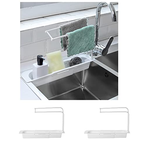 YIWULA 2PCS Sink Caddy, Telescopic Sink Storage Rack, Plastic Sponge Holder for Kitchen Sink, Over Sink Sponge Holder with Dishcloth Towel Holder, Expandable Sink Organizer (White)