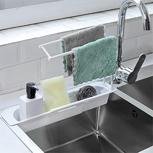 YIWULA 2PCS Sink Caddy, Telescopic Sink Storage Rack, Plastic Sponge Holder for Kitchen Sink, Over Sink Sponge Holder with Dishcloth Towel Holder, Expandable Sink Organizer (White)