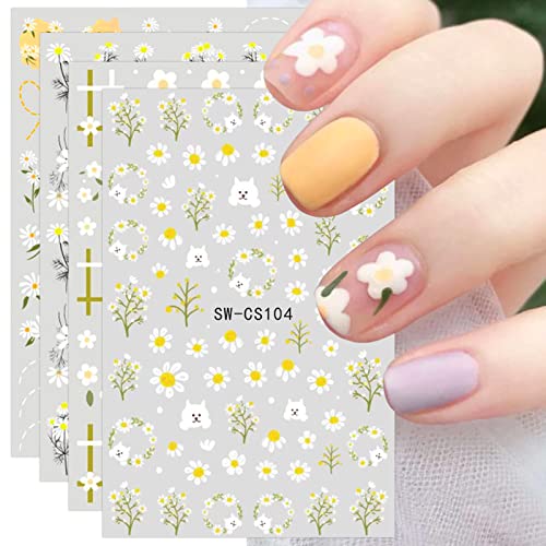 JMEOWIO 10 Sheets Spring Flower Nail Art Stickers Decals Self-Adhesive Pegatinas Uñas Summer Daisy Floral Nail Supplies Nail Art Design Decoration Accessories