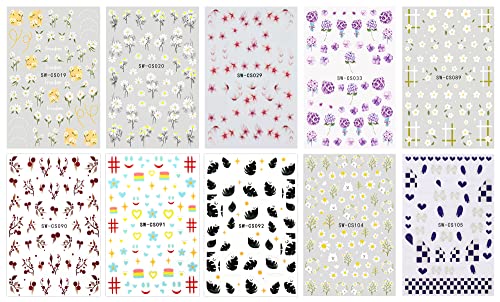 JMEOWIO 10 Sheets Spring Flower Nail Art Stickers Decals Self-Adhesive Pegatinas Uñas Summer Daisy Floral Nail Supplies Nail Art Design Decoration Accessories