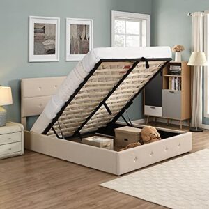 biadnbz queen size platform bed frame upholstered with lifting underneath storage and headboard, wooden slat support, no box spring needed, beige