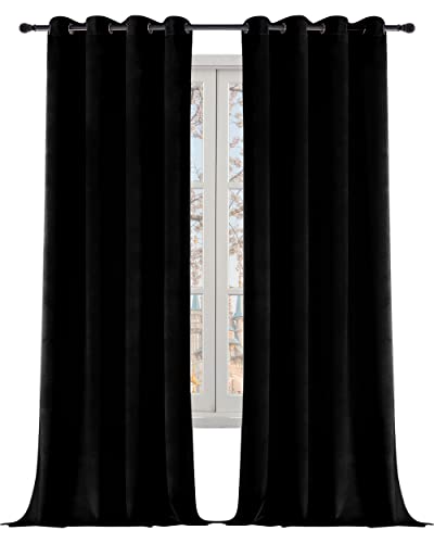 RIMEE Black Super Soft Velvet Curtains 108 inches Grommet, Super Thick Thermal Insulated Blackout Velvet Curtains Noise Reduction Velvet Drapes for Bedroom, 2 Panels