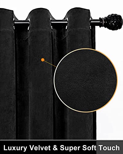 RIMEE Black Super Soft Velvet Curtains 108 inches Grommet, Super Thick Thermal Insulated Blackout Velvet Curtains Noise Reduction Velvet Drapes for Bedroom, 2 Panels