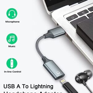 USB A to Lightning Audio Adapter Cable USB 3.0 Male to Lightning Female HiFi Audio Headphones Converter Fit with USB A MacBook Computer PC Support Volume Control Mic Nylon Braided