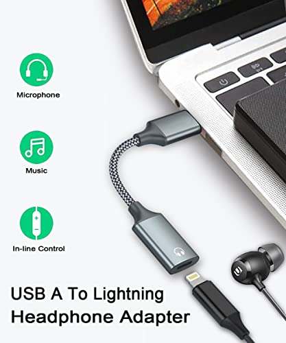 USB A to Lightning Audio Adapter Cable USB 3.0 Male to Lightning Female HiFi Audio Headphones Converter Fit with USB A MacBook Computer PC Support Volume Control Mic Nylon Braided