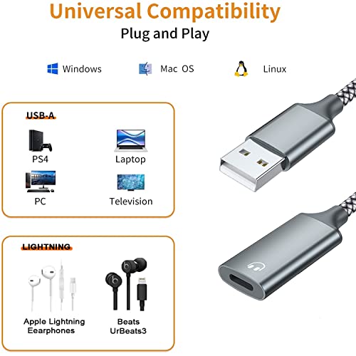 USB A to Lightning Audio Adapter Cable USB 3.0 Male to Lightning Female HiFi Audio Headphones Converter Fit with USB A MacBook Computer PC Support Volume Control Mic Nylon Braided