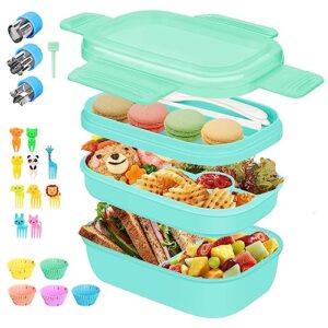 LEITAO Bento Box Adult Lunch Box, 3 Layer Lunch Containers for Adults/Kids/Toddler, 8 Compartments Bento Lunch Box with Utensil Set, BPA Free, Microwave & Dishwasher Safe, Lead-Proof Lunchbox/Teal