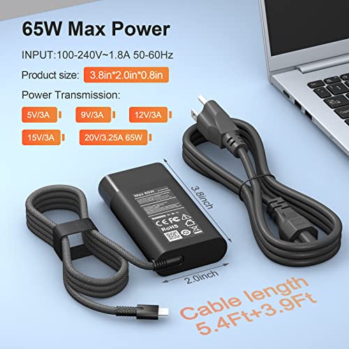 New Slim 65W HP Laptop Charger USB C Chromebook Charger for HP Spectre X360 14 2 in 1,Elitebook x360, Pavilion Envy Elite x2 Fast Charging Type C Travel Laptop Power Adapter