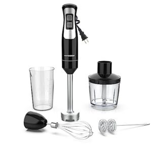 immersion blender handheld, hand blender with 500ml food chopper, 600ml container, milk frother, egg whisk, puree infant food, smoothies, sauces and soups – black