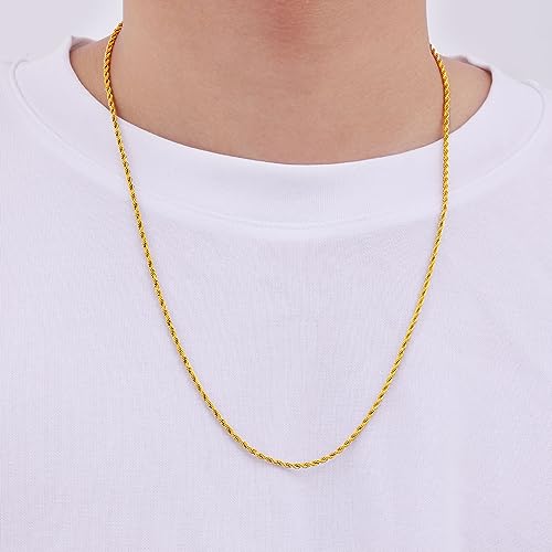 Fiusem Gold Chain Necklace for Men, 2.5mm Mens Chain Necklace, 18K Gold Plated Stainless Steel Rope Chain for Men and Women, Mens Necklace 20 Inch