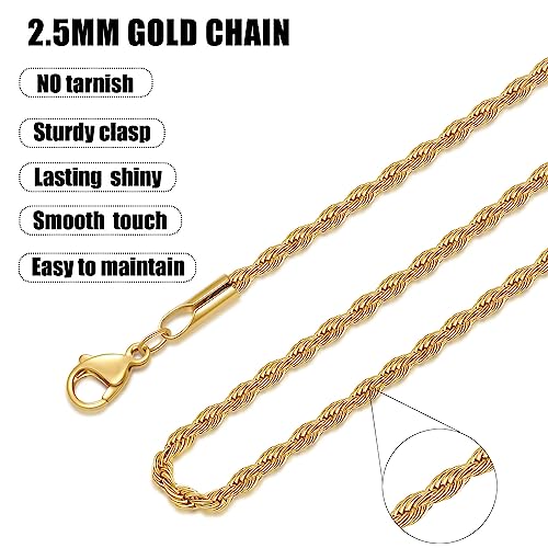 Fiusem Gold Chain Necklace for Men, 2.5mm Mens Chain Necklace, 18K Gold Plated Stainless Steel Rope Chain for Men and Women, Mens Necklace 20 Inch