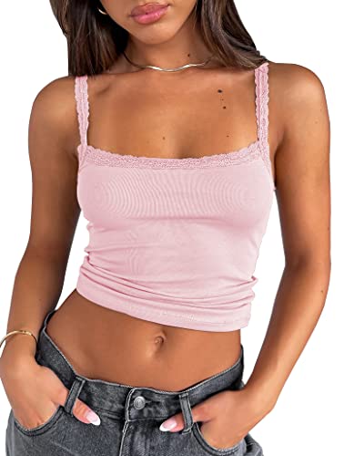 Cioatin Women’s Lace Patchwork Spaghetti Strap Crop Cami Strappy Y2K Going Out Crop Top Tank Sleeveless Slim Fit Shirt Pink