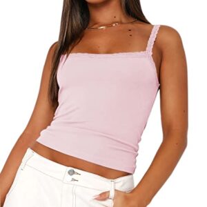 Cioatin Women’s Lace Patchwork Spaghetti Strap Crop Cami Strappy Y2K Going Out Crop Top Tank Sleeveless Slim Fit Shirt Pink