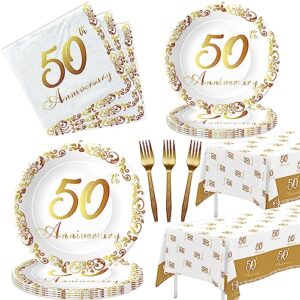 apowbls 50th anniversary decorations and supplies tableware - golden 50th wedding anniversary decorations, plate, napkin, tablecloth, fork, 50 year anniversary party supplies decorations | serve 24