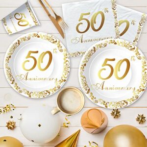 APOWBLS 50th Anniversary Decorations And Supplies Tableware - Golden 50th Wedding Anniversary Decorations, Plate, Napkin, Tablecloth, Fork, 50 Year Anniversary Party Supplies Decorations | Serve 24