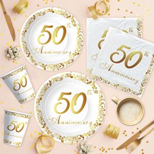 APOWBLS 50th Anniversary Decorations And Supplies Tableware - Golden 50th Wedding Anniversary Decorations, Plate, Napkin, Tablecloth, Fork, 50 Year Anniversary Party Supplies Decorations | Serve 24