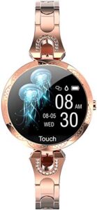 rose gold smart watch for women，ladies smart bracelet with diamonds stainless steel wristband, elegant fitness tracker pedometer calorie sleep tracking full touchscreen for ios android phones