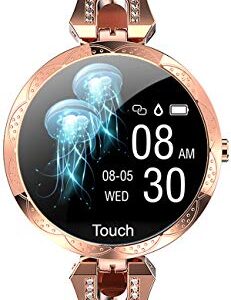 Rose Gold Smart Watch for Women，Ladies Smart Bracelet with Diamonds Stainless Steel Wristband, Elegant Fitness Tracker Pedometer Calorie Sleep Tracking Full Touchscreen for iOS Android Phones