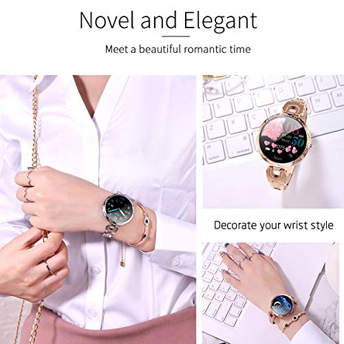 Rose Gold Smart Watch for Women，Ladies Smart Bracelet with Diamonds Stainless Steel Wristband, Elegant Fitness Tracker Pedometer Calorie Sleep Tracking Full Touchscreen for iOS Android Phones