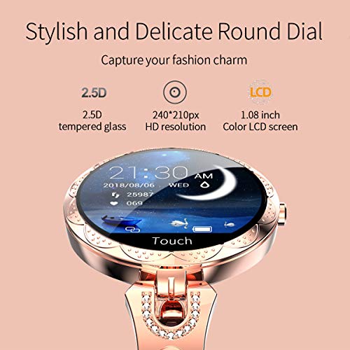 Rose Gold Smart Watch for Women，Ladies Smart Bracelet with Diamonds Stainless Steel Wristband, Elegant Fitness Tracker Pedometer Calorie Sleep Tracking Full Touchscreen for iOS Android Phones
