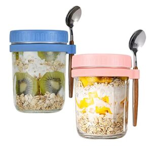 kiscvxe overnight oats containers with lids and spoon,overnight oats jars,10 oz cereal dispenser,with measurement marks,cereal, milk, vegetable fruit salad storage container 2pcs