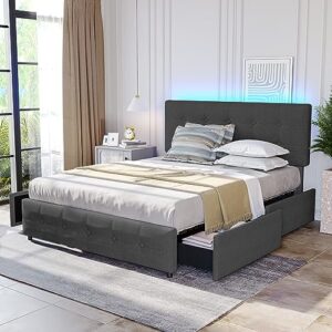 Squireewo Bed Frame with LED Lights & 4 Storage Drawers, Upholstered Platform Bed with Adjustable Headboard, No Box Spring Needed, Easy Assembly, Noise-Free (Dark Grey, Queen Bed)