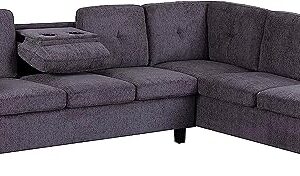 EMKK Modern Sectional Sofa Set Left Right Chaise Lounge & Storage Ottoman Upholstered Corner L Shaped Sofá Living Room Couch w/Cup Holder, Arm Nail for Home/Office, Grey Leftchaise