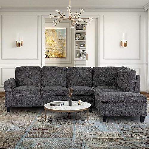 EMKK Modern Sectional Sofa Set Left Right Chaise Lounge & Storage Ottoman Upholstered Corner L Shaped Sofá Living Room Couch w/Cup Holder, Arm Nail for Home/Office, Grey Leftchaise