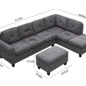 EMKK Modern Sectional Sofa Set Left Right Chaise Lounge & Storage Ottoman Upholstered Corner L Shaped Sofá Living Room Couch w/Cup Holder, Arm Nail for Home/Office, Grey Leftchaise