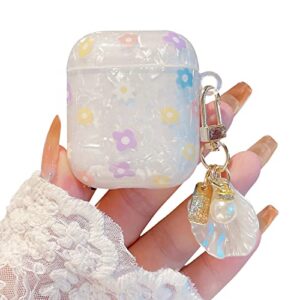 phoeacc cute airpod 1 & 2 case flower with glitter shell pearl keychain luxury marble hard tpu protective cover compatible with airpods 2nd 1st generation case for girls teens women (floral)