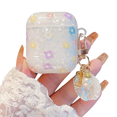 PHOEACC Cute Airpod 1 & 2 Case Flower with Glitter Shell Pearl Keychain Luxury Marble Hard TPU Protective Cover Compatible with AirPods 2nd 1st Generation Case for Girls Teens Women (Floral)