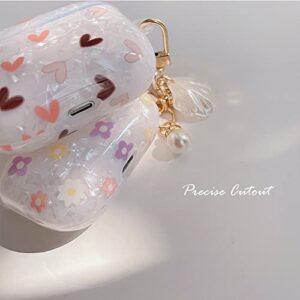 PHOEACC Cute Airpod 1 & 2 Case Flower with Glitter Shell Pearl Keychain Luxury Marble Hard TPU Protective Cover Compatible with AirPods 2nd 1st Generation Case for Girls Teens Women (Floral)