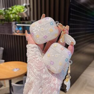 PHOEACC Cute Airpod 1 & 2 Case Flower with Glitter Shell Pearl Keychain Luxury Marble Hard TPU Protective Cover Compatible with AirPods 2nd 1st Generation Case for Girls Teens Women (Floral)