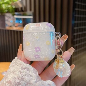 PHOEACC Cute Airpod 1 & 2 Case Flower with Glitter Shell Pearl Keychain Luxury Marble Hard TPU Protective Cover Compatible with AirPods 2nd 1st Generation Case for Girls Teens Women (Floral)