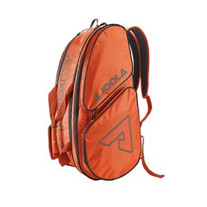 joola tour elite pickleball bag – backpack & duffle bag for paddles & pickleball accessories – thermal insulated pockets hold 4+ paddles - with fence hook orange/gray