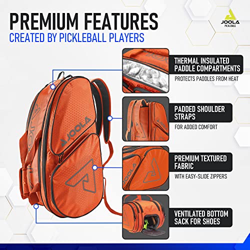 JOOLA Tour Elite Pickleball Bag – Backpack & Duffle Bag for Paddles & Pickleball Accessories – Thermal Insulated Pockets Hold 4+ Paddles - with Fence Hook Orange/Gray