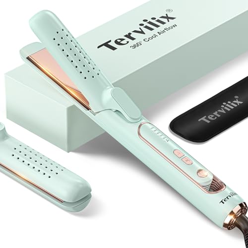 Terviiix 360 Airflow Styler Curling Iron 1-1/4 Inch | Ionic Hair Straightener & Curler 2 in 1 | Titanium Flat Iron Travel Curling Iron in One | 0 Burning Straightening Iron with Cool Air | Mint Green